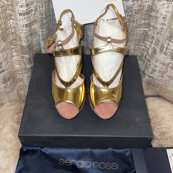 Sergio Rossi Gold Metallic Strappy Color Block Platform Sandals EU Size 40 - Picture 1 of 7
